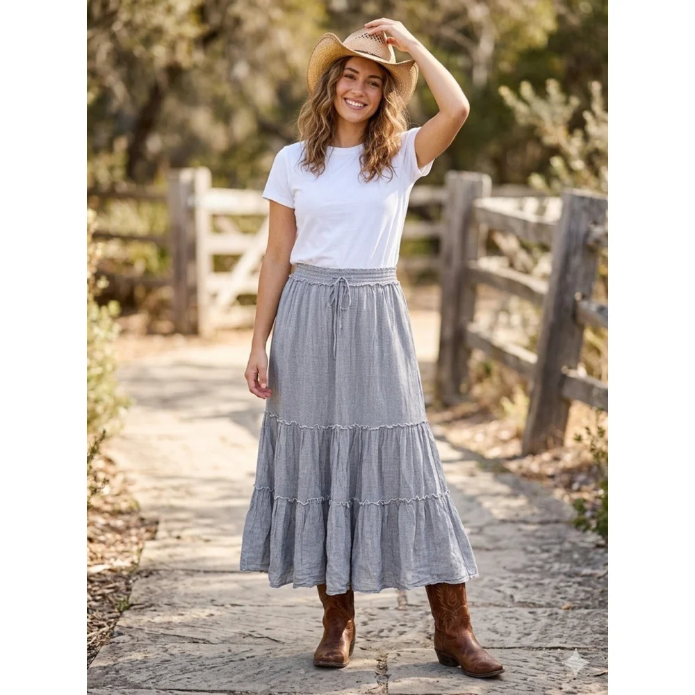 Ralph Lauren Denim & Supply Tiered Midi Skirt Women M Boho Cottagecore Western - Picture 9 of 9